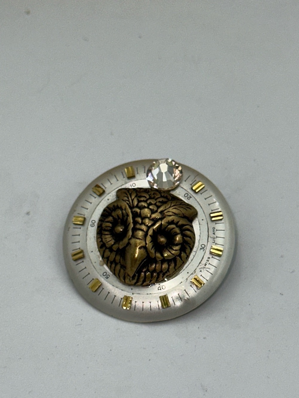Vintage Bronze Owl Brooch Pin Watch Face & Crystal Accent Handmade Steampunk